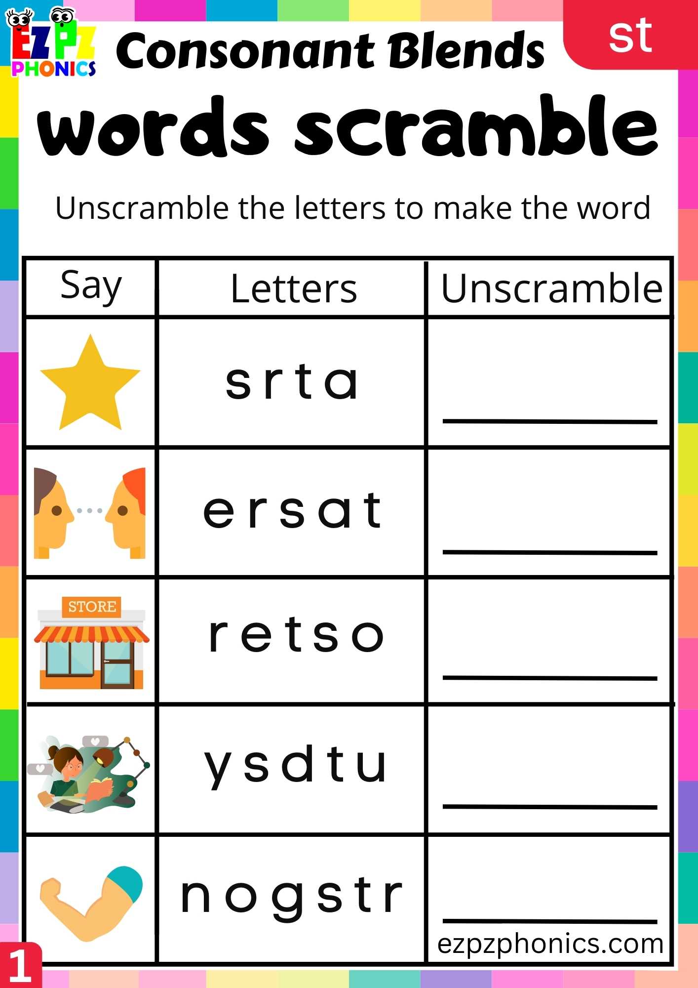 Group1 ST Words Words Scramble Phonics Consonant Blends Worksheet